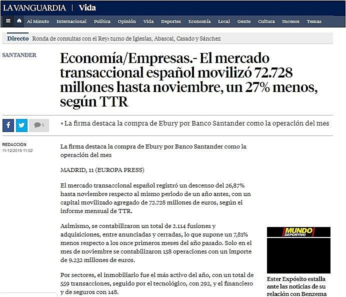 El mercado transaccional espaol moviliz 72.728 millones hasta noviembre, un 27% menos, segn TTR